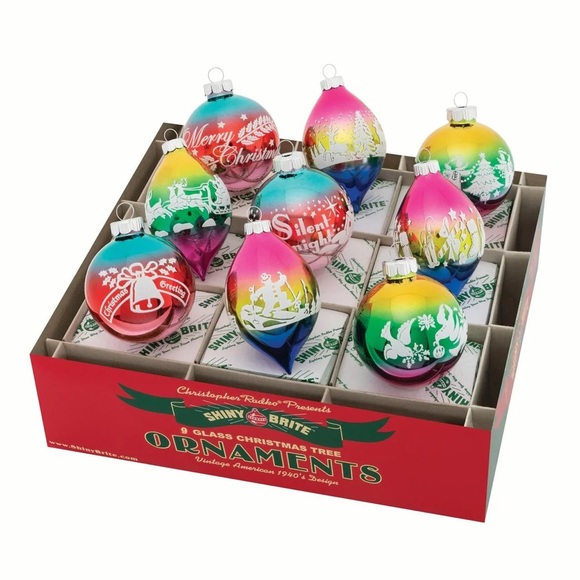 Christopher Radko Shiny Bright Ombre Rainbow flocked Christmas Ornament set of 9 - Picture 1 of 5
